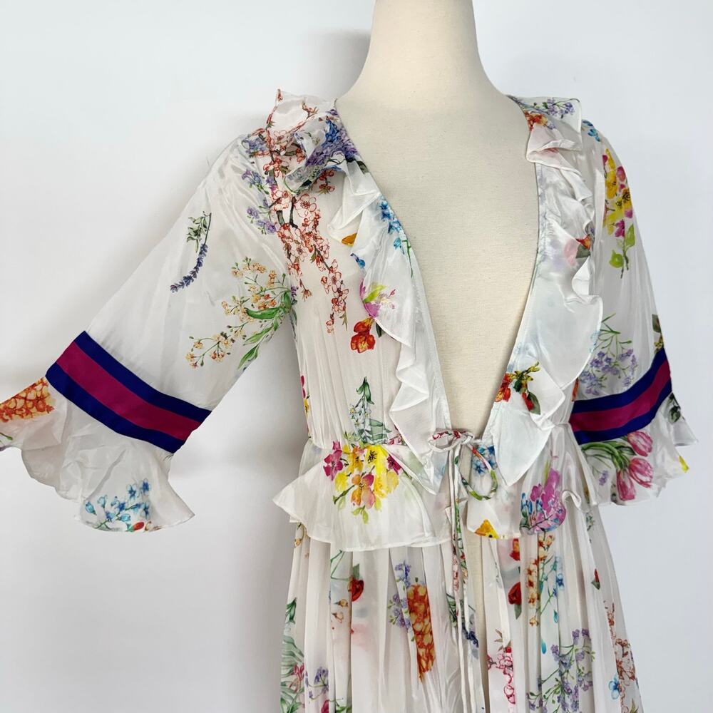 Rococo Sand Satin Kimono Coverup Tiered Ruffle Maxi Open-Front Duster Topper S - Picture 4 of 13